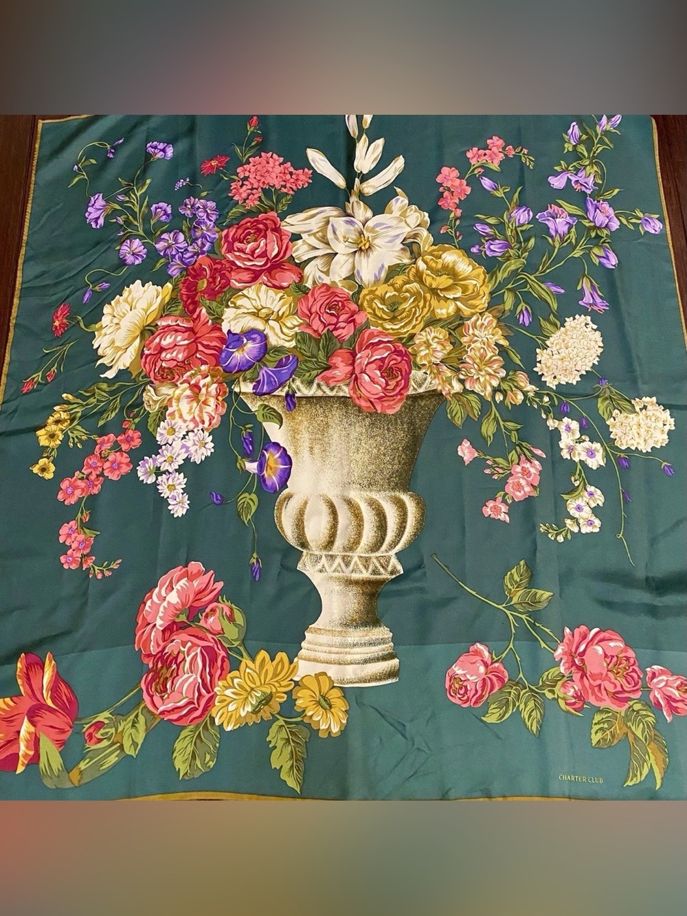 Vintage Charter Club Silk Scarf Green With Floral Vase Design